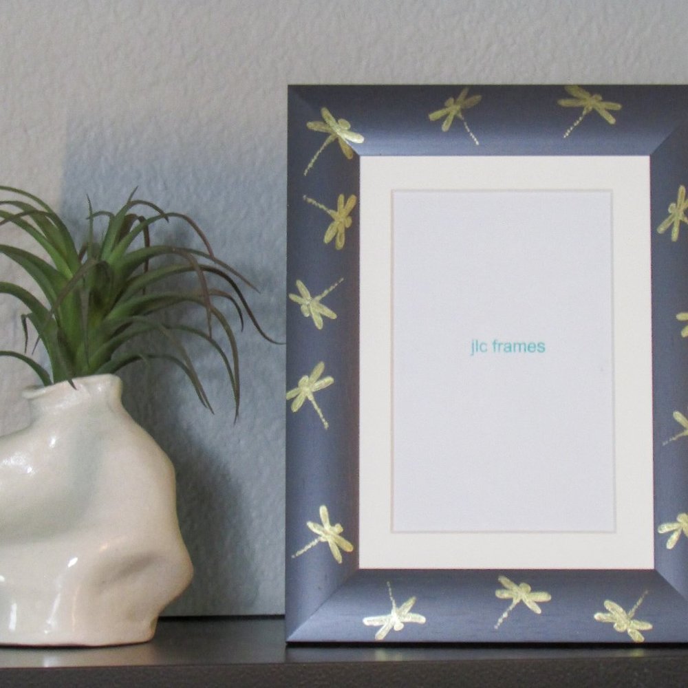 NWT Hand Painted Gold Dragonflies on Charcoal Gray Background 5x7 Picture Frame